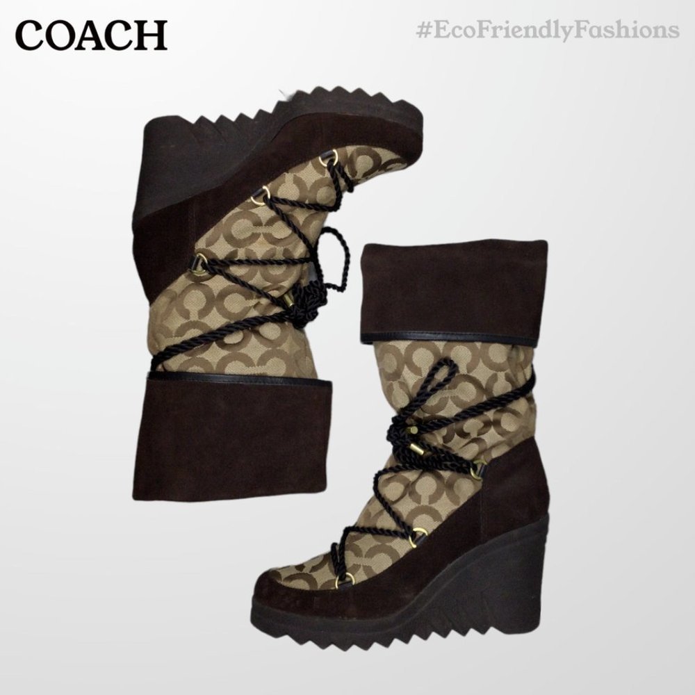 Coach Womens Maisy Signature C Logo Brown Leather & Canvas Wedge Boots Size 7 - Picture 4 of 5